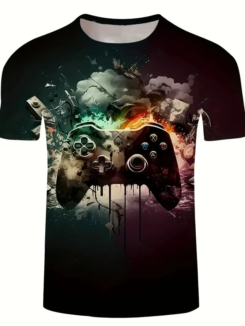 Men's 3D Gamepad Print T-Shirt, Casual Fashion Tee, Street Style Short Sleeve Crew Neck Shirt